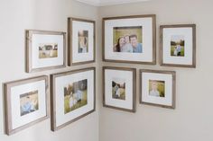 a group of pictures hanging on the wall next to each other with different frames around them