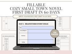 a laptop computer sitting on top of a desk with the title, fillable cozy small town novel first draft in 60 days