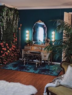 a living room filled with lots of furniture and flowers on the wall next to a mirror