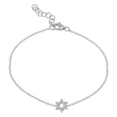 Crafted from 14K gold, this Mini Star of David Diamond Bracelet is a stunning piece that adds elegance and spiritual significance to any outfit. With a 7x8mm size and 0.07 carat total weight, it offers subtle yet eye-catching sparkle. Perfect for those seeking a sophisticated and meaningful accessory. Item Information Metal: 14k Gold Weight: 1.20g Dimensions: 7x8mm Length: 6"+1" extender Total Carat Weight: 0.03 Elegant Sterling Silver Star Bracelet, Elegant Sterling Silver Bracelets With Star Charm, Elegant Star Of David Jewelry With Star Charm, Elegant Star Of David Jewelry For Formal Occasions, Classic White Gold Star Of David Jewelry, Formal Star Of David Jewelry With Diamond Accents, Body Jewelry Men, Rainbow Pearl, Blue Accessories