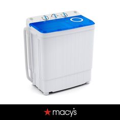 a white and blue portable washing machine with the words macy's written below it