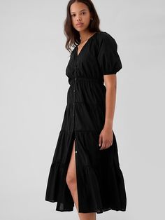 Tiered Maxi Shirtdress V-neck Maxi Dress With Buttons For Daywear, V-neck Maxi Dress With Button Closure For Daywear, Casual Gap Maxi Dress, Gap Casual Maxi Dress, Casual Short Sleeve Maxi Dress With Gathered Sleeves, Fitted Gap Dress With Buttons, Short Sleeve Maxi Dress With Button Closure, Cotton Maxi Dress With Puff Sleeves For Daywear, Elegant Short Sleeve Midi Dress By Gap