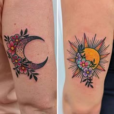 two tattoos on the arms of people with sun, moon and flower tattoo designs on them