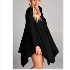 Black Flowy Plus Size Top Blouse Dress Elegant Black Flowy Mini Dress, Black Long Sleeve Dress For Day Out, Flowy Black Dress For Fall, Black Stretch Mini Dress With Asymmetrical Hem, Chic Black Flowy Mini Dress, Casual Black Mini Dress With Asymmetrical Hem, Black Asymmetrical Hem Dress For Date Night, Flowy Black Mini Dress For Night Out, Flowy Black Mini Dress For Day Out