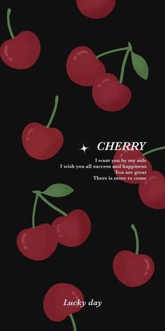 a black background with red cherries on it and the words cherry written in white