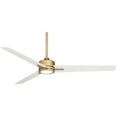 a ceiling fan that is gold and white with a light on the top of it