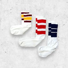 Vintage Tube Socks Lot of 3, 1970's One Size Soft, stretchy cotton blend construction, faint discoloration, marks on shorter socks, overall excellent worn vintage condition. White Cotton Retro Socks, Retro White Cotton Socks, Mens Retro Tube Socks, Retro Winter Cotton Socks, Skate Socks, Retro Stripe Socks, Striped Tube Socks, Tube Socks, Short Socks