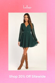 We're not going to lieâ€”the Lulus Always on Repeat Emerald Green Clip Dot Long Sleeve Mini Dress is a 'fit we'd wear again and again! Lightweight woven chiffon, with a clip dot texture throughout, shapes this stylish dress that has long balloon sleeves with button cuffs and gathering at the shoulders. Surplice bodice sits above a banded waist, falling to a cute A-line mini skirt. Hidden zipper/clasp at back. Fit: This garment fits true to size. Length: Mid-thigh. Size medium measures 34.5" from shoulder to hem. Bust: Great for any cup size. Waist: Fitted - very fitted at natural waist. Hip: Not Fitted - fuller skirt allows room for hips. Undergarments: May be worn with any standard bra. Fabric: Fabric has no stretch. Lined. Shell: 100% Polyester. Lining: 100% Polyester. Hand Wash Cold. Do Dot Texture, Lulu Fashion, A Line Mini Skirt, Long Balloons, Again And Again, Long Sleeve Mini, On Repeat, Cup Size, Balloon Sleeves