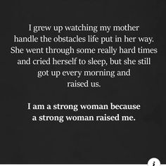 a woman is standing in front of a black background with the words i grow up watching my mother handle the obstacles