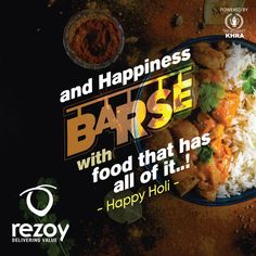 a plate with rice, meat and sauces on it that says happy holi