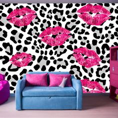 a leopard print wall with pink lipstick on it