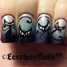 Spoopy Nails, Halloween Cat Nails, Black Cat Nail Art, Cosmo Nails, Black Cat Nail, Halloween Nail Ideas, Cat Nail Art