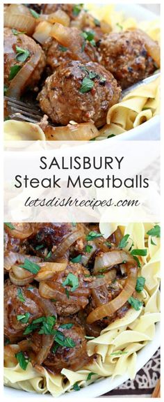 steak meatballs with noodles and onions in a white bowl