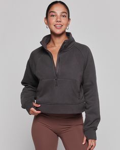 Unwind in style with our boxy half zip pullover silhouette. Itt's a loungewear game changer. Wear it to and from practice with your favorite pants. Made in our irresistibly soft fleece scuba fabric. Features a crop length that lands just below the waist, a funnel neck, pockets, and thumbholes. Machine Wash Model is 5'7" wearing size XS/S Cropped Half Zip, Half Zip Jacket, Scuba Fabric, Jackets Men Fashion, Half Zip Sweatshirt, Cardigan Outfits, Men Shirt Style, Half Zip Pullover, Bottom Clothes