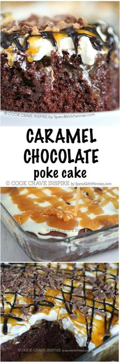 caramel chocolate poke cake in a glass baking dish with the title overlay reading caramel chocolate poke cake