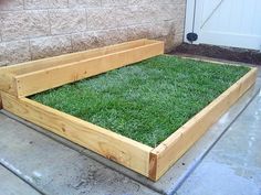 a wooden bed with green grass in front of a door on the side of a building