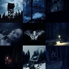 a collage of images with people in the woods at night and an image of a person holding a candle