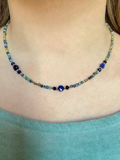 Natural Azurite Necklace Choker-multi Gemstone Beaded - Etsy Blue Dainty Beaded Choker Necklace, Dainty Blue Beaded Choker Necklace, Multicolor Beaded Lapis Lazuli Jewelry, Blue Beaded Choker Jewelry, Dainty Blue Gemstone Bead Crystal Necklace, Blue Dainty Crystal Necklace With Gemstone Beads, Dainty Blue Crystal Necklace With Gemstone Beads, Blue Gemstone Beads Choker Necklace, Spiritual Blue Choker Jewelry