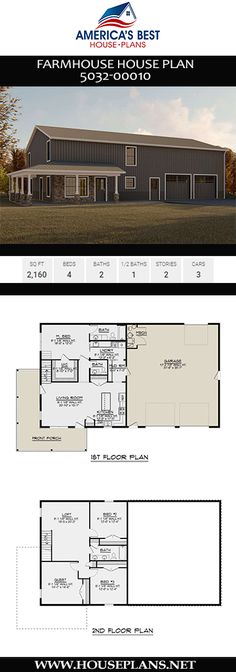 the floor plan for an american best farmhouse house plan, with two garages and one living