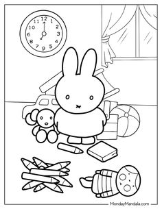 a coloring page with an image of a rabbit and other toys in the background,