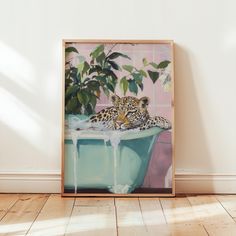 a painting of a leopard laying in a bathtub next to a potted plant