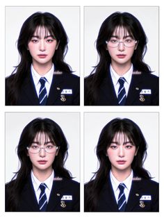 four pictures of a woman wearing glasses and a suit with the same name on it