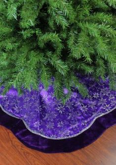 a close up of a green tree on a wooden floor next to a purple blanket