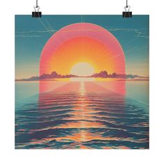 the sun is setting over water with clouds and mountains in the background, as if it were an art print