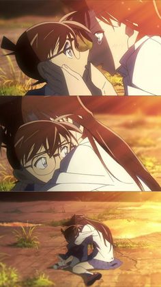 an anime scene with two people laying on the ground