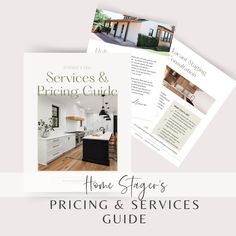 the home staging guide and pricing guide are on display in front of a white background