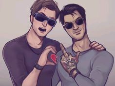 two young men with sunglasses on their faces are making the v sign and holding a heart