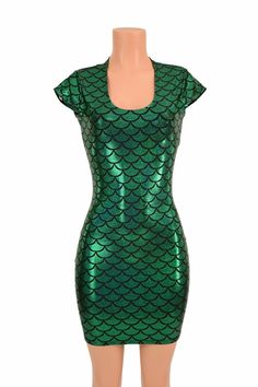 "This item is made to order, please read all the way through the listing before purchasing! This whimsical mermaid scale dress is made of high quality lycra spandex. It sparkles and reflects the light with every move you make! It features a scoop neckline and cap sleeves It is made of four way stretch lycra spandex, and it fits like a glove! Super figure flaunting and fun! Womens Sizing (See below for instructions on where measurements should be taken) XXS: Bust 29\"-30\" / Waist 22\"-23\" / Hip Green Fitted Mermaid Dress, Fitted Green Fishtail Dress, Fitted Green Sequined Bodycon Dress, Fitted Mermaid Dress With Sequins, Fitted Green Mermaid Dress For Summer, Fitted Mermaid Dress For Party, Fitted Mermaid Dress For Costume Party, Fitted Mermaid Hem Dress For Costume Party, Green Stretch Mermaid Dress For Party