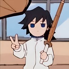 an anime character with black hair and blue eyes giving the peace sign while standing in front of a window