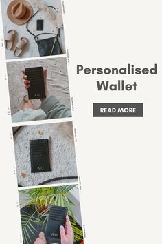 the personalised wallet is shown in four different photos, including one with a phone