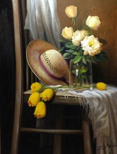 a painting of yellow flowers and a hat on a table next to a vase with white roses