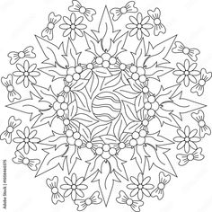 a black and white drawing of flowers in the middle of a circular arrangement with leaves