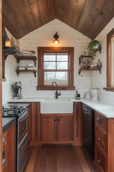 a kitchen with wooden cabinets and white tile backsplash, wood trim around the windows