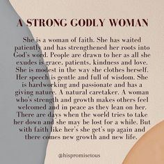 a woman's face with the words strong godly woman written in black on it