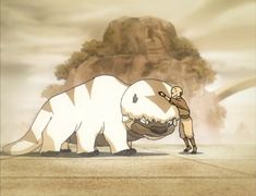 an animated image of a man standing next to a giant white bear in the desert