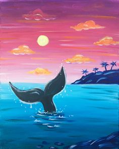 a painting of a whale's tail in the ocean at sunset with palm trees