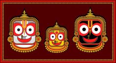 three masks with eyes and nose painted in red, yellow and orange colors on a maroon background