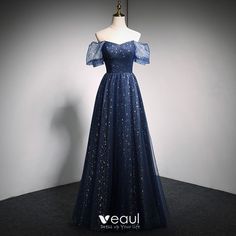 Seni Korea, Prom Dress Blue, Blue Evening Dress, Off Shoulder Evening Dress, Prom Dress Inspo, Black Evening Gown, A Line Prom Dress, Fairy Birthday Party, Banquet Dresses