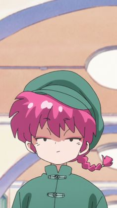 an anime character with pink hair wearing a green jacket and a flower in her hair