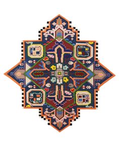 an intricately designed rug with many different colors and designs on the front, side and back