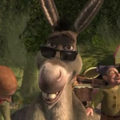 an animated donkey with sunglasses on it's head and other characters in the background