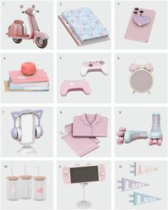 various pink and white items are shown in this image