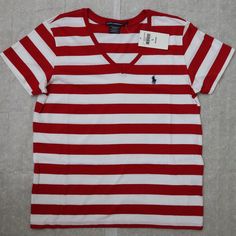 New With Tag Ralph Lauren Sport Women`S T-Shirt In Size Large. Armpit To Armpit 20", Length 25". 100% Cotton. White And Red Wide Stripes With Navy Blue Pony Logo. V-Neck, Cap Short Sleeve. Red Cotton V-neck Top, Ralph Lauren Red Crew Neck Top, Ralph Lauren V-neck Casual Top, Ralph Lauren Casual V-neck Top, Ralph Lauren Sport, White Tuxedo, Ralph Lauren Denim, Ralph Lauren Logo, Striped Short Sleeve Shirt