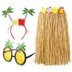 PRICES MAY VARY. Beautiful Combo: there is 1 hula skirt, 1 coconut tree and flower glitter headpiece and 1 pineapple sunglasses that can be applied individually or combined to suit your Hawaiian party decorating needs Sturdy and Serviceable: the tropical sunglasses are made of quality plastic and glitter powder, sturdy and serviceable, and the headpiece is constructed of plastic, felt, silk and feathers, as well as the polyester Hawaiian skirt, which are not reliable and not easy to break for lo Luau Party Outfits, Tropical Sunglasses, Luau Party Outfit, Glitter Sunglasses, Hawaiian Skirt, Luau Party Decorations, Hula Skirt, Hawaiian Luau Party, Hawaiian Designs