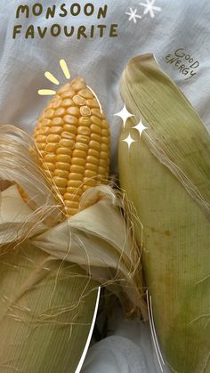 two corn cobs are laying on top of each other with the words moon favorite written above them