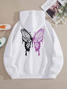 Butterfly Print Drawstring Thermal Lined Hoodie White Casual  Long Sleeve Fabric Butterfly Pullovers Slight Stretch  Women Clothing, size features are:Bust: ,Length: ,Sleeve Length: Hoodie Style Woman, Butterfly Clothing, Butterfly Stuff, Moda Shein, Clothes For Winter, Butterfly Clothes, Sweatshirt Ideas, Cute Hoodies, Fabric Butterfly